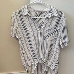 Pink Rose White & Navy Striped Tie-Hem Button Top